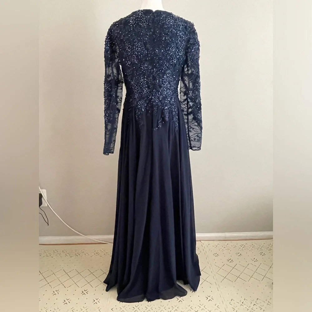 NWT Mac Duggal High Neck Mesh Long Sleeve Embellished A Line Gown 20388 Size 8